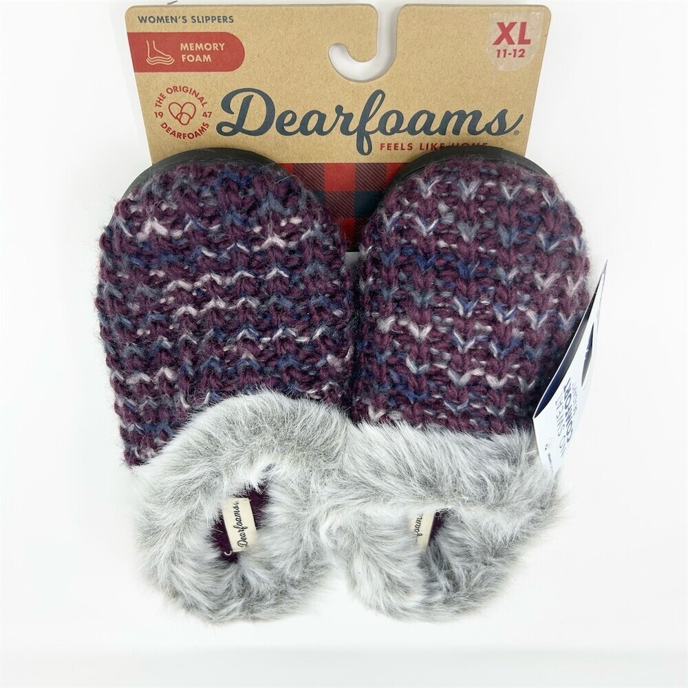 NWT Dearfoams Slippers Womens XL 11-12 Purple Knit Clog Memory Foam Faux Fur
